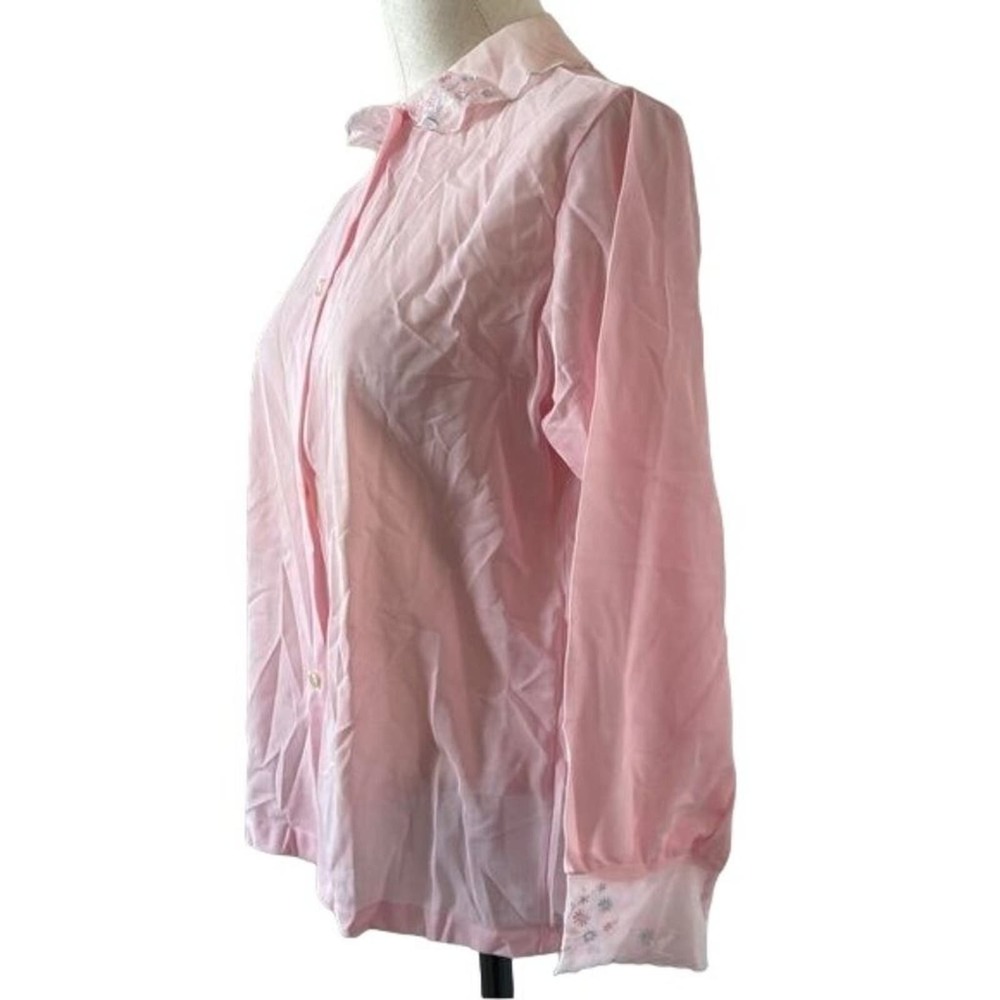 Vintage 60s Blouse Sleep Shirt Blush Pink Nylon Semi Sheer Top Floral Hems Sz 36 - Picture 5 of 11